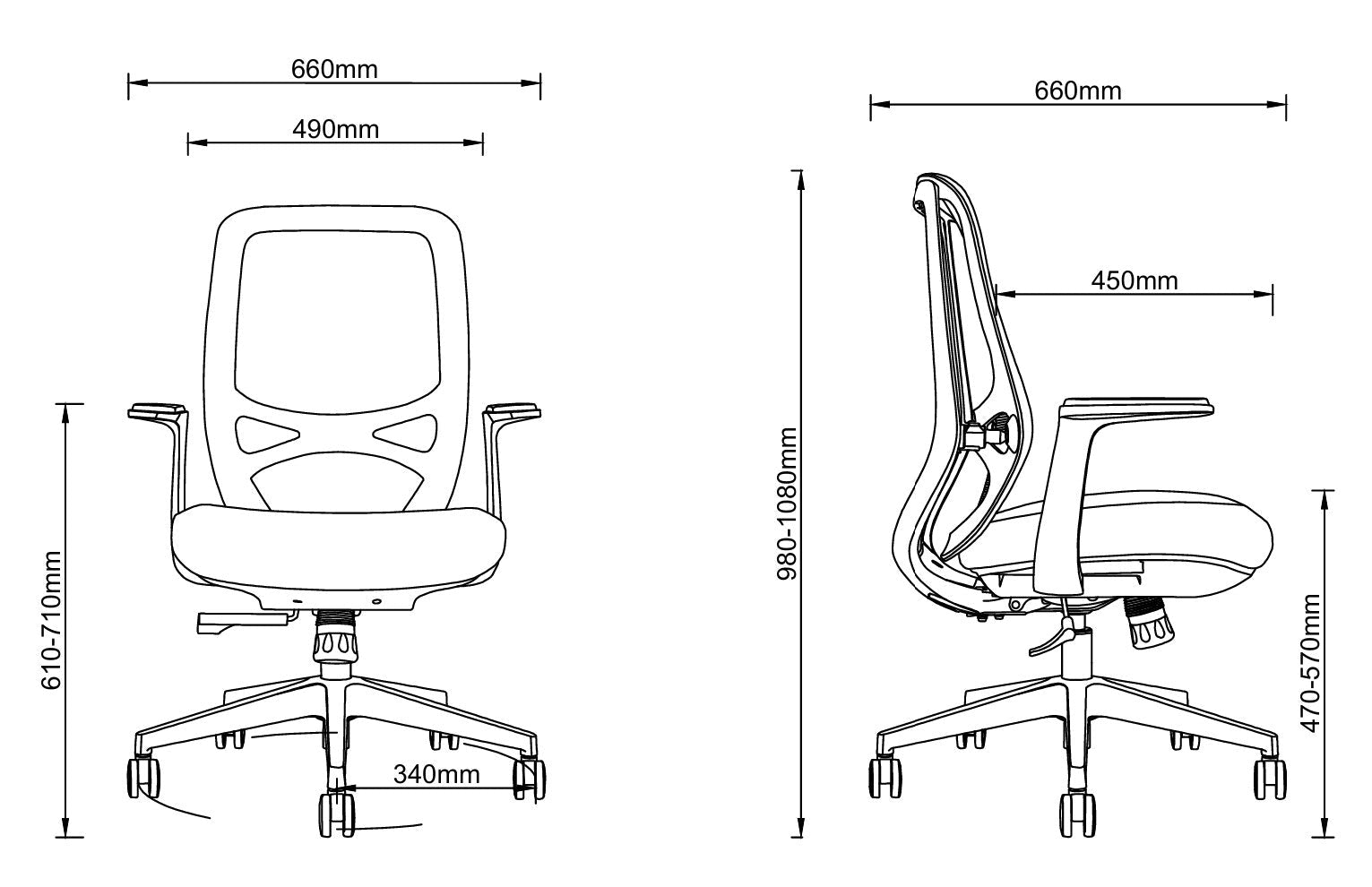 Technische Maßzeichnung eines ergonomischen Bürodrehstuhls mit Front- und Seitenansicht, dargestellt mit Bemaßungen in Millimetern für Gesamtbreite, Sitzbreite, Sitztiefe, Sitzhöhe, Gesamthöhe sowie Armlehnen- und Rückenlehnengeometrie zur planerischen und ergonomischen Einordnun - Office Möbel
