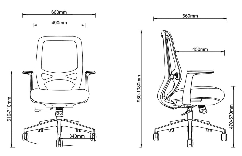 Technische Maßzeichnung eines ergonomischen Bürodrehstuhls mit Front- und Seitenansicht, dargestellt mit Bemaßungen in Millimetern für Gesamtbreite, Sitzbreite, Sitztiefe, Sitzhöhe, Gesamthöhe sowie Armlehnen- und Rückenlehnengeometrie zur planerischen und ergonomischen Einordnun - Office Möbel