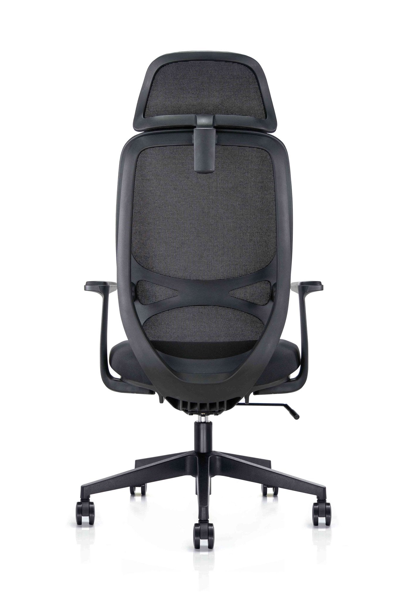 Rückansicht eines schwarzen ergonomischen Bürodrehstuhls mit atmungsaktivem Netzrücken, integrierter Kopfstütze, stabiler Rückenrahmenkonstruktion, Armlehnen sowie fünfarmigem Fußkreuz mit Rollen für den professionellen Büroarbeitsplatz - Office Möbel