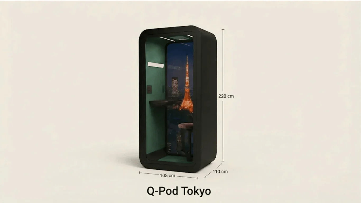 Schallisolierte Telefonkabine für moderne Großraumbüros, inklusive Tisch und Beleuchtung.